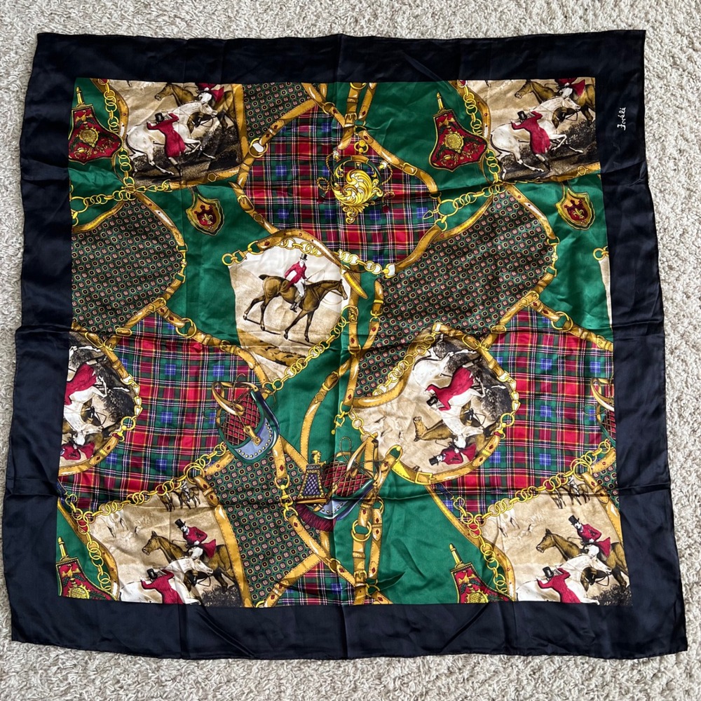 Forele Silk Scarf Equestrian Fox Hunt Horse Plaid Green Red Black Square 32x32